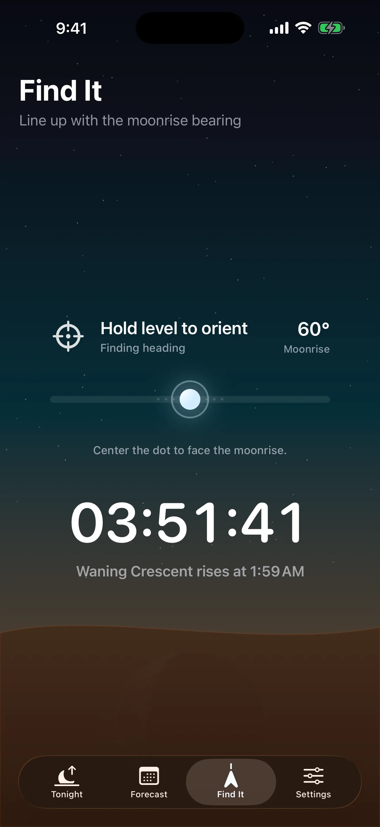 Moonrise Moment direction screen with a live compass and countdown.